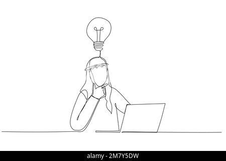 Zeichnung eines arabischen Geschäftsmannes, der über Projekt am Arbeitsplatz nachdenklich nachdenkt. Einzeiliges Design im Art-Stil Stock Vektor