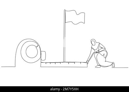 Zeichnung einer muslimischen Geschäftsfrau mit Maßband zur Analyse der Entfernung von der Zielflagge. Einzeiliges Kunstdesign Stock Vektor