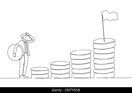 Zeichnung eines Geschäftsmannes, der Geld mit sich führt, Startschritt für das Geld, um zu investieren. Einzeiliges Design im Art-Stil Stock Vektor