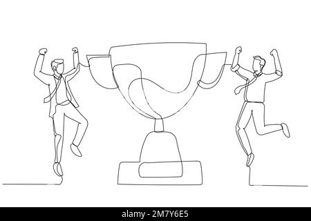 Cartoon eines Geschäftsmanns, der mit dem Trophäenpokal-Konzept der Anerkennung in die Luft springt. Design im Kunststil mit einer durchgehenden Linie Stock Vektor