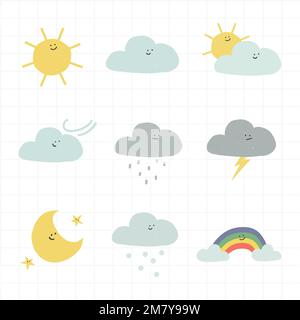 Wolken Wetter Vektor Aufkleber mit lächelndem Gesicht niedlichen Doodle Set für Kinder Stock Vektor