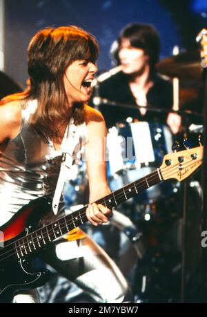 Rockpop, Konzert- und Live-Musik-Sendereihe, Deutschland 1977 - 1982, Sendung vom 21. April 1979, live auf der Bühne: Suzi Quatro, amerikanische Sängerin und Bassistin mit Band Stockfoto