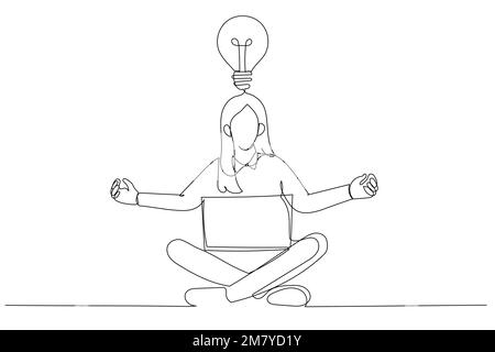 Zeichnung einer Yoga-Geschäftsfrau in absoluter Konzentration mit dem Laptop. Einzeiliges Kunstdesign Stock Vektor