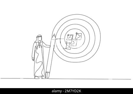 Illustration einer Geschäftsfrau Notieren Sie das Ziel auf Notizen, und tragen Sie das Konzept der Zielsetzung auf eine große Dartscheibe auf. Einzeiliges Design im Art-Stil Stock Vektor
