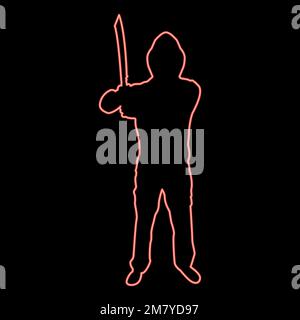 Neonmann mit Schwert Machete Kalte Waffen in der Hand Soldat Soldat in verschiedenen Positionen Hunter mit Messerkampf stellt starken Verteidiger Stock Vektor