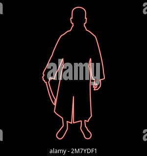 Neonmann mit Schwert Machete Kalte Waffen in der Hand Soldat Soldat in verschiedenen Positionen Hunter mit Messerkampf stellt starken Verteidiger Stock Vektor