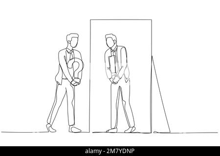 Zeichnung eines Geschäftsmannes, der sich selbst fragt und nach dem Nachdenken eine Antwort erhält. Einteiliges Design mit durchgehender Strichzeichnung Stock Vektor