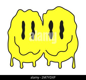 Groovy lächelnde Gesichter. Retro-Doodle-tropfende Emoji. Komisches LSD, surreal, Techno, schmelzendes Gesicht. Saure, trübe, psychedelische Emoji Stock Vektor