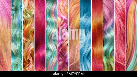 Collage der Haarfarbe. Haarfarben eingestellt. Farbtöne. Farbmuster für gefärbtes Haar Stockfoto
