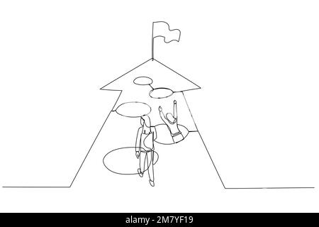 Illustration einer Geschäftsfrau, die zum Erfolg rast, aber eine Falle auf dem Weg ist. Einzeiliges Design im Art-Stil Stock Vektor