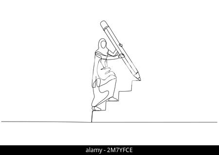 Der Cartoon der muslimischen Frau benutzt einen riesigen Bleistifttreppenhaus, der das Konzept der Geschäftsentwicklung hochklettert. Einteiliges Design mit durchgehender Strichzeichnung Stock Vektor