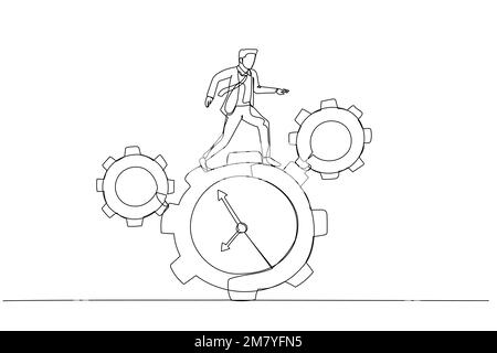 Der Cartoon des Geschäftsmannes läuft in Form eines Uhrkonzepts des Zeitmanagements. Design im Kunststil mit einer durchgehenden Linie Stock Vektor