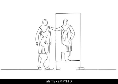 Zeichnung von Frau tragen Hijab, schauen in den Spiegel, umarmen Selbstverständnis von Selbstachtung Selbstfürsorge. Design im Kunststil mit einer durchgehenden Linie Stock Vektor