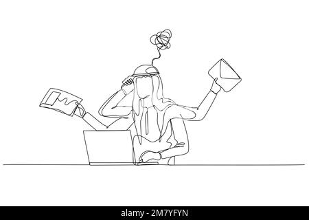 Zeichnung eines arabischen Mannes Schwindel gestresst wegen der täglichen Arbeit erhalten Sie E-Mail Versenden Papier. Einzeiliges Kunstdesign Stock Vektor