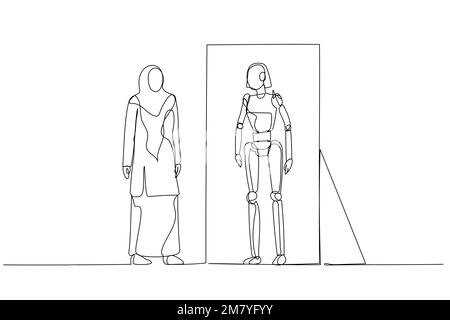 Die Zeichnung einer Frau trägt Hidschab, schaut in den Spiegel und sieht die Roboterversion des Selbstkonzepts der künstlichen Intelligenz. Einzeiliges Kunstdesign Stock Vektor