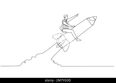 Zeichnung eines Geschäftsmannes auf einer Bleistiftrekete, die in den Himmel fliegt, Bildungskonzept. Design im Strichkunststil Stock Vektor