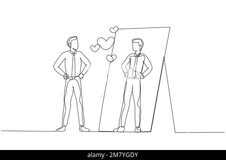 Cartoon eines Geschäftsmannes, der in die spiegelselbstliebende psychische Gesundheit schaut. Einzeiliges Kunstdesign Stock Vektor