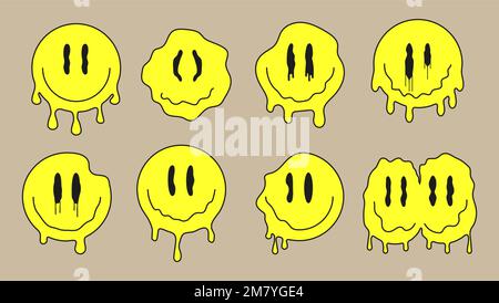 Groovy lächelnde Gesichter. Retro-Doodle-tropfende Emoji. Komisches LSD, surreal, Techno, schmelzendes Gesicht. Saure, trübe, psychedelische Emoji für Web Stock Vektor