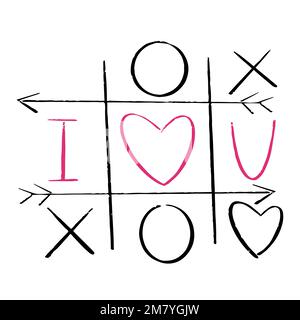 TIC tac Toe Doodle-Spiel mit Kreuz und Kreiszeichen, süßes rosa Herzzeichen isoliert auf weißem Hintergrund. . Vektordarstellung Stock Vektor