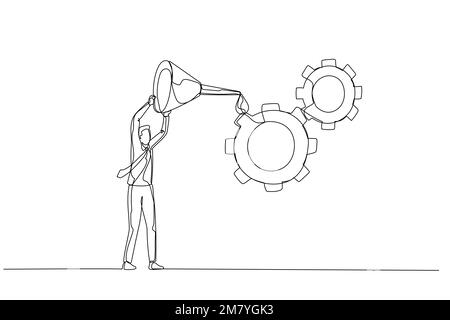 Zeichnung eines Geschäftsmanns, der Zahnradradöle einölt, damit es richtig funktioniert, Metapher der Qualitätskontrolle und des Qualitätsmanagements. Design für Strichkunst Stock Vektor