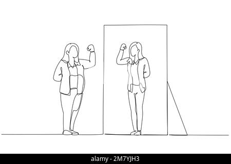 Cartoon der fetten Geschäftsfrau, die in den Spiegel schaut fit schlank gesunde Version. Einzeiliges Kunstdesign Stock Vektor