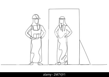 Abbildung eines Arbeiters, der in eine Frau schaut, trägt eine Hijab-Version von selbst im Spiegel. Design im Strichkunststil Stock Vektor