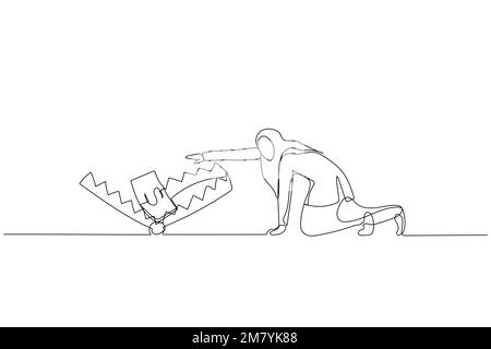 Eine muslimische Geschäftsfrau, die in eine Geldfalle krabbelt. Einzeiliges Kunstdesign Stock Vektor