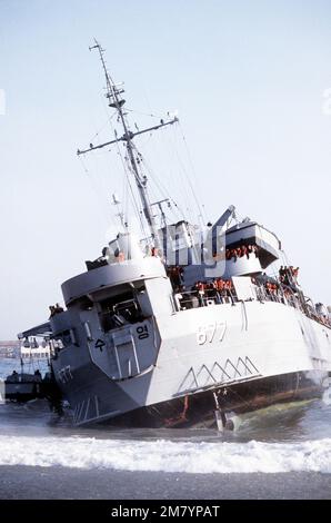 Ein Heck-Blick auf ein Panzerlandungsschiff der Republik Korea, das während des Trainings Team Spirit '83 auf Grund am Strand lief. Operation/Serie: TEAM SPIRIT '83 Basis: TOC SAC Re Country: Südkorea Stockfoto