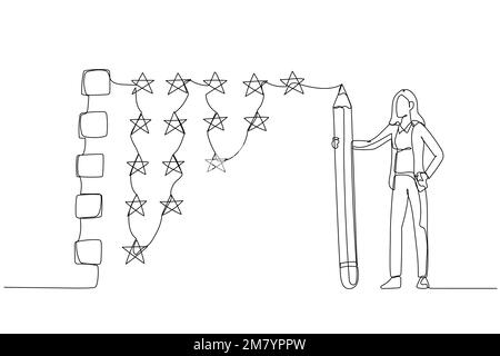 Zeichnung einer Geschäftsfrau mit Bleistift zur Bewertung des STAR-Feedback-Konzepts des Beurteilungs-Feedbacks. Design für Strichkunst Stock Vektor