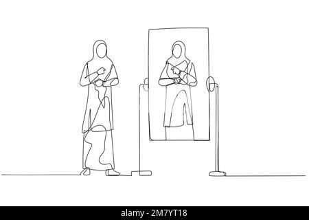 Eine Zeichnung einer Frau trägt Hijab, die sich auf die Arbeit vorbereitet und in den Spiegel schaut. Einzeiliges Kunstdesign Stock Vektor