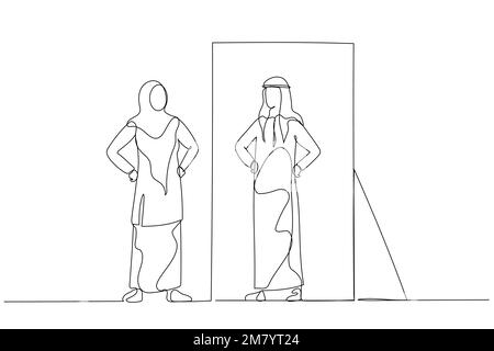 Cartoon der Frau trägt Hijab, der auf das gegensätzliche Geschlecht des selbst auf Spiegelreflexion schaut. Einteiliges Design mit durchgehender Strichzeichnung Stock Vektor