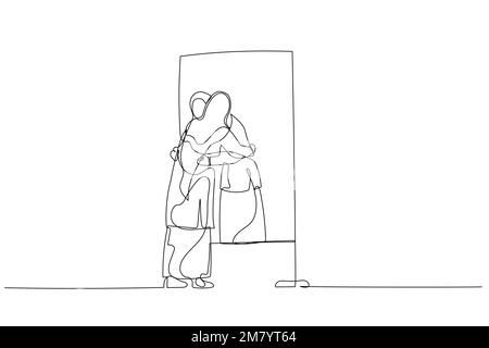 Cartoon der Frau trägt Hijab umarmend eigene Reflexion über das Spiegelkonzept der Selbstliebe. Einzeiliges Kunstdesign Stock Vektor