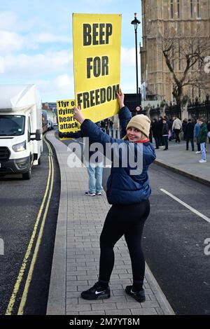 London, England, Großbritannien. Januar 11 2023. Einige Dutzend Demonstranten, die meisten haben Freunde oder Verwandte, die nach der Impfung verletzt oder gestorben sind, mit großen Plakaten. Hör auf zu lügen, dass du gegen COVID-19 geimpft wirst. Wir fordern Transparenz und Wahrheit über COVID. Kredit: Siehe Li/Picture Capital/Alamy Live News Stockfoto