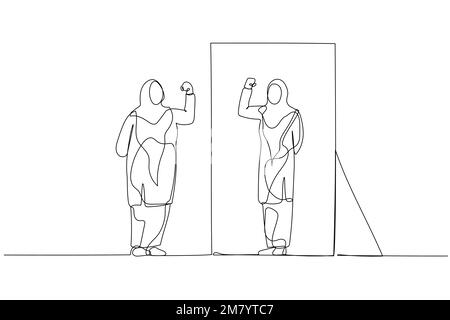 Cartoon der fetten Frau tragen Hijab Blick in den Spiegel sehen fit schlanke gesunde Version. Einteiliges Design mit durchgehender Strichzeichnung Stock Vektor