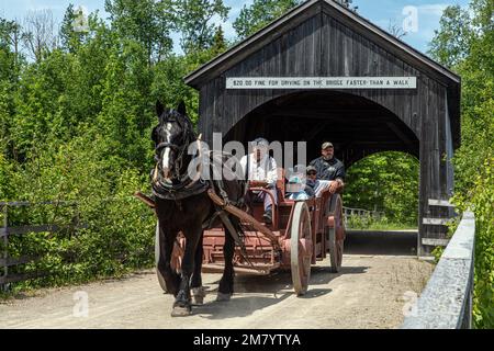 Zeitraum WARENKORB FÜR DIE TOURISTEN DURCH DIE HÖLZERNE überdachte erbaut im Jahre 1900, historische Acadian Village, Bertrand, NEW BRUNSWICK, KANADA, NORDAMERIKA Stockfoto