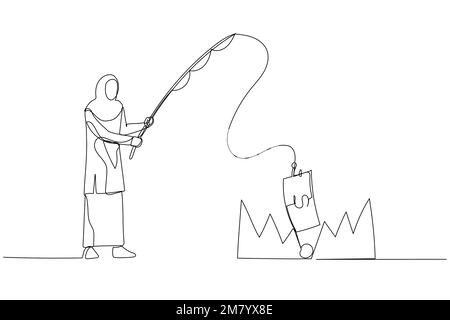 Abbildung einer muslimischen Frau, die Geld aus der Falle stiehlt, mit einer Angelrute-Metapher des Investitionsrisikos. Einzeiliges Kunstdesign Stock Vektor