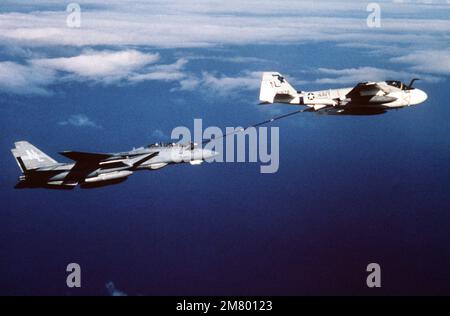 Eine Air-to-Air-Seitenansicht eines KA-6D-Tankflugzeugs des Medium Attack Squadron 52 (VA-52), das ein F-14 Tomcat-Flugzeug des Fighter Squadron 51 (VF 51) betankt. Beide Flugzeuge werden an Bord des nukleargetriebenen Flugzeugträgers USS CARL VINSON (CVN 70) eingesetzt. Land: Pazifik (POC) Stockfoto