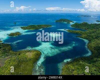 Ausgedehnte Korallenriffe säumen Regenwaldinseln auf den Salomonen. Dieses wunderschöne Land ist die Heimat einer spektakulären marinen Artenvielfalt. Stockfoto