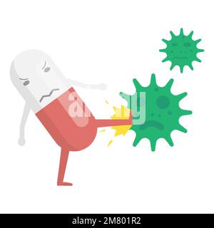 Tablettenwächter mit Schwert und Schild bekämpfen Bakterien Mikroorganismus-Virus. Vektordarstellung. Eps 10 Stock Vektor