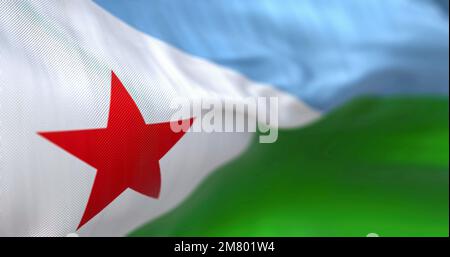 Nahaufnahme der im Wind winkenden Flagge von Dschibuti. Die Republik Dschibuti ist ein Land am Horn von Afrika. Geriffelter Stoff. Strukturierter Backg Stockfoto