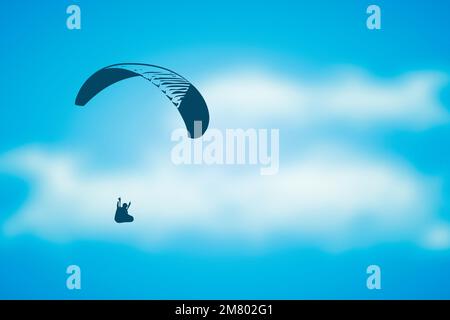 Paragliding-Abenteuer-Gleitschirmfliegen am blauen, wolkigen Himmel Stock Vektor