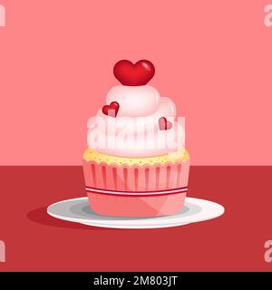 Cupcake mit Herzform Kirsche auf dem Teller in flacher Form, isoliert auf pinkfarbenem Hintergrund. Liebe, Valentinstag-Konzept. Vektordarstellung Stock Vektor