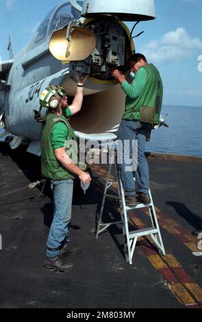 Die Instandhaltungsteams der Angriffsschwadron 66 (VA-66) warten die APQ-126 Radareinheit eines der A-7E Corsair II-Flugzeuge ihrer Einheit an Bord des nukleargetriebenen Flugzeugträgers USS DWIGHT D. EISENHOWER (CVN 69). Basis: USS Dwight D Eisenhower (CVN 69) Land: Mittelmeer (MED) Stockfoto