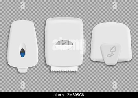 Set aus Spendern, Papierhandtuch, Spendern, Seife und Handtrockner. Vektordarstellung. Eps 10. Stock Vektor