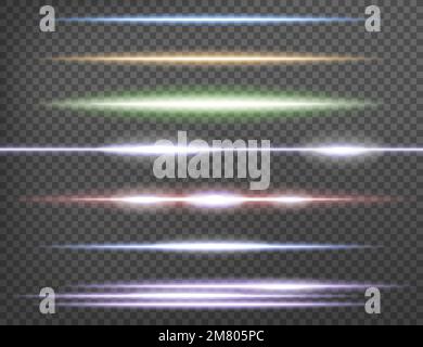 Horizontaler Blendenschutz. Laserstrahlen, horizontale Lichtstrahlen isoliert auf transparentem Hintergrund. Vektordarstellung. Eps 10. Stock Vektor