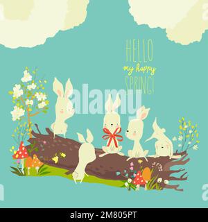 Lustige Cartoon-Kaninchen, die im Frühlingswald auf dem Holzstapel sitzen Stock Vektor