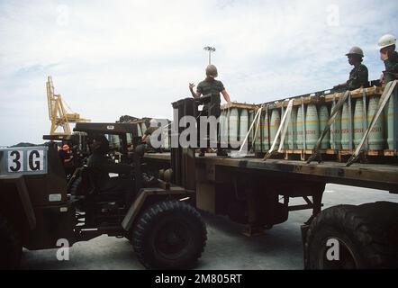 Mitglieder der 155. Transportation Company verwenden einen Case M4K Gabelstapler für unebenes Gelände, um Paletten mit 155mm Patronen während des Lifeline Betriebs auf Lkws zu laden. Basis: Southport Staat: North Carolina (NC) Land: Vereinigte Staaten von Amerika (USA) Stockfoto