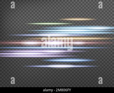 Horizontaler Blendenschutz. Laserstrahlen, horizontale Lichtstrahlen isoliert auf transparentem Hintergrund. Vektordarstellung. Eps 10. Stock Vektor
