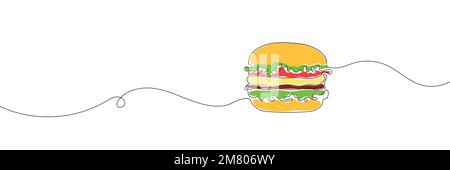Eine durchgehende Strichzeichnung eines Hamburgers. Hamburger von einer durchgehenden Linie Stock Vektor
