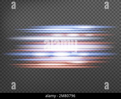 Horizontaler Blendenschutz. Laserstrahlen, horizontale Lichtstrahlen isoliert auf transparentem Hintergrund. Vektordarstellung. Eps 10. Stock Vektor